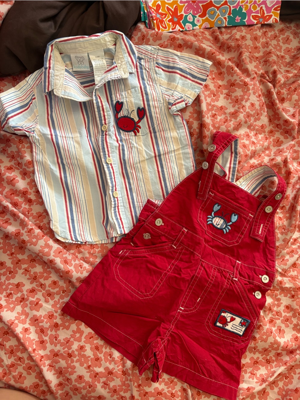 Koala Kids Red Crab Shortalls with Striped Button Shirt